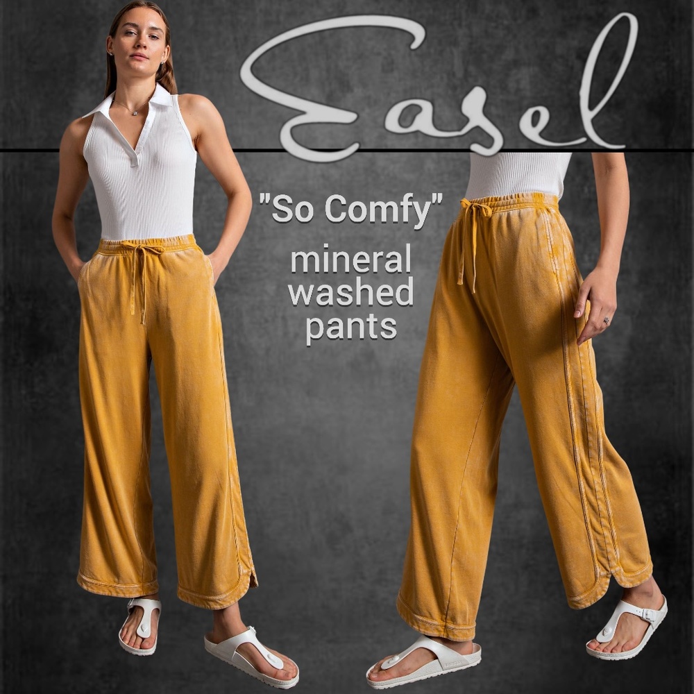 EASEL "So Comfy" Mineral Wash Wide Leg Pants Side Seam Details & Scooped Hem
